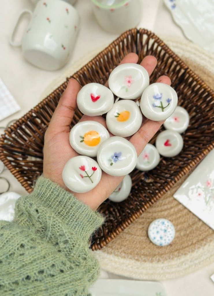 Glazed botanical ceramic pebble accents and chopstick rests